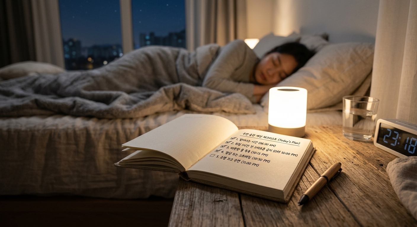 수면 체크리스트를 보며 침실 환경을 정리하는 사람