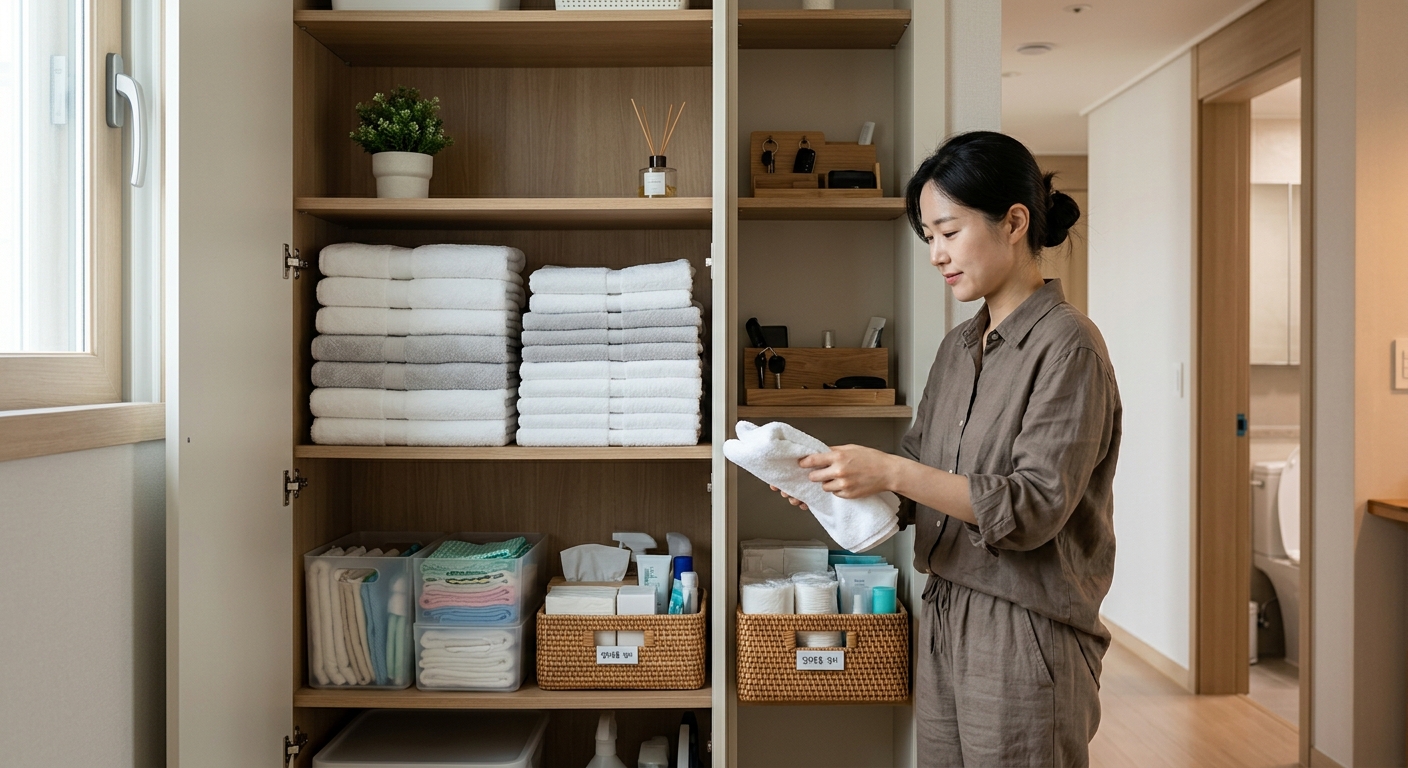 욕실 수건과 주방 용기를 체크리스트로 점검하는 장면