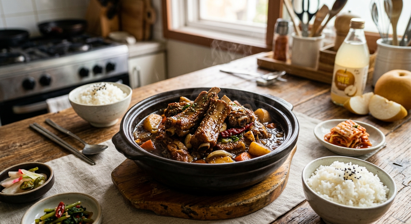 완성된 등갈비 조림을 그릇에 담아 식탁에 올린 모습