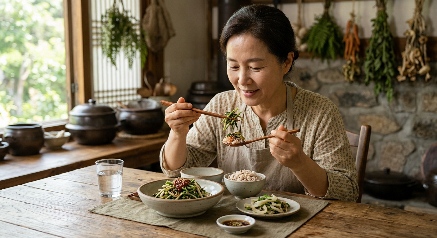 소량씩 덜어 먹기 좋은 눈개승마 반찬과 균형 잡힌 식탁