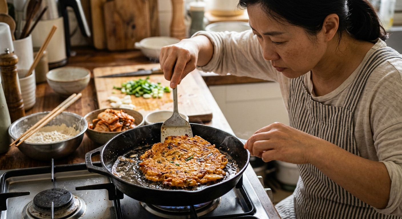 달궈진 팬 위에서 노릇하게 익어가는 김치전을 뒤집는 모습