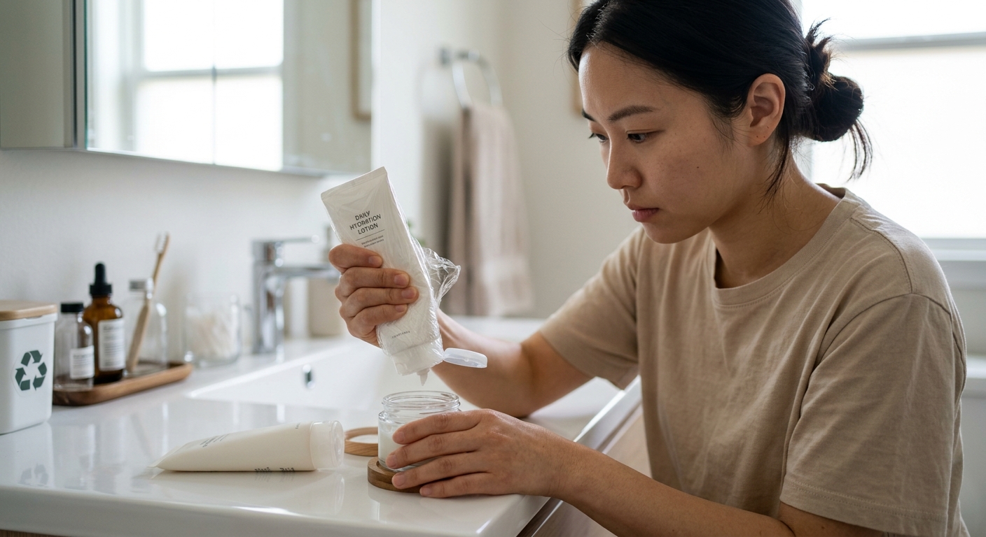 플라스틱 로션 용기 본체와 분리된 펌프를 따로 놓고 분리배출 준비를 한 모습