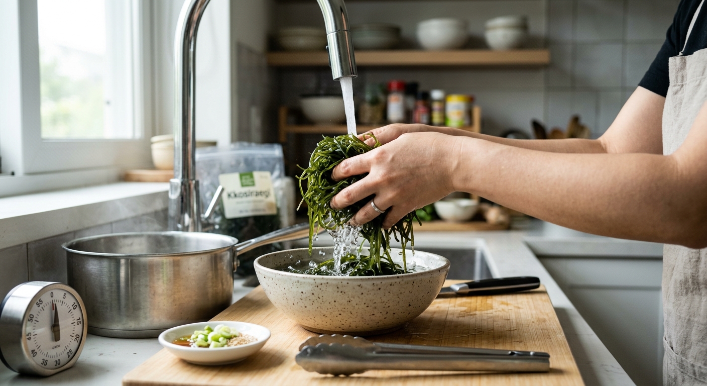 주방에서 손질된 꼬시래기와 채소를 소분해 준비한 건강 식단 재료 사진