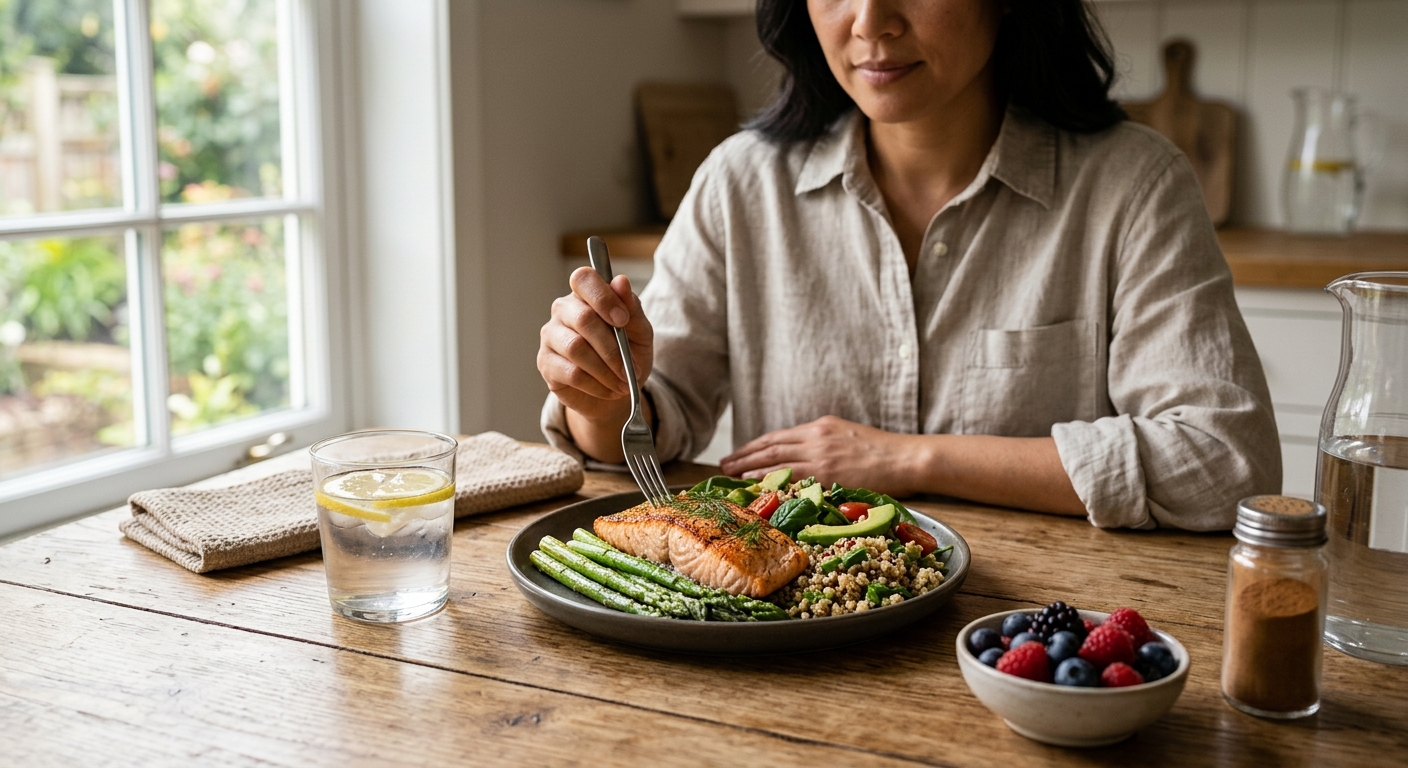 균형 잡힌 식사 후 공원을 가볍게 걷는 건강한 생활습관 장면