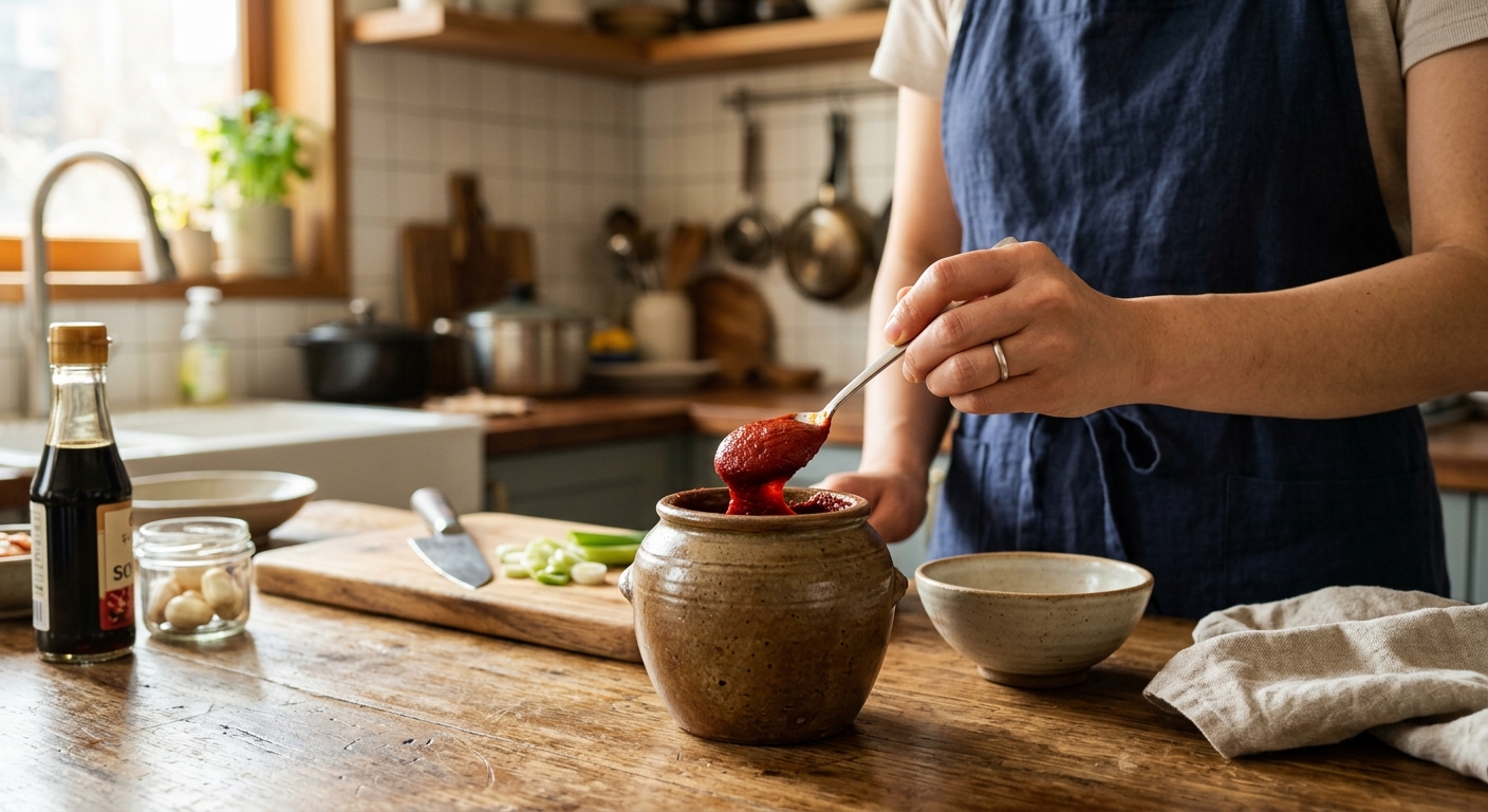 깔끔하게 정돈된 주방에서 고추장 통과 숟가락을 사용하는 모습