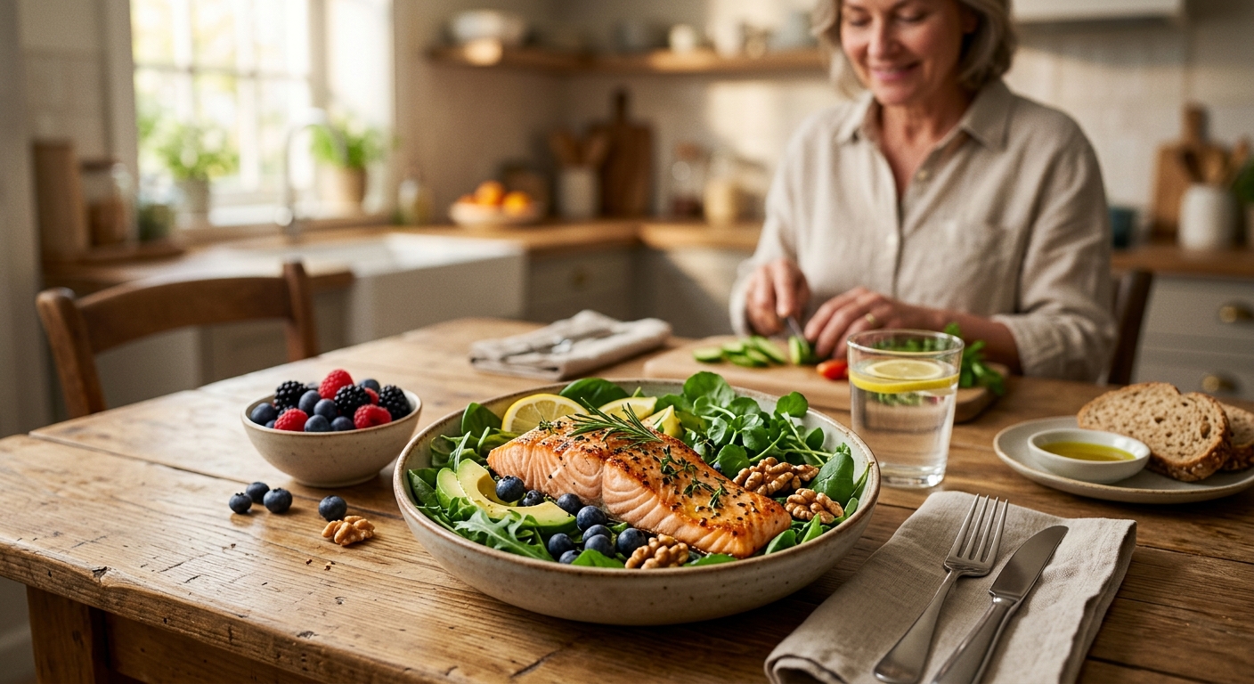 메모지와 건강한 식재료를 놓고 식단 계획을 세우는 모습