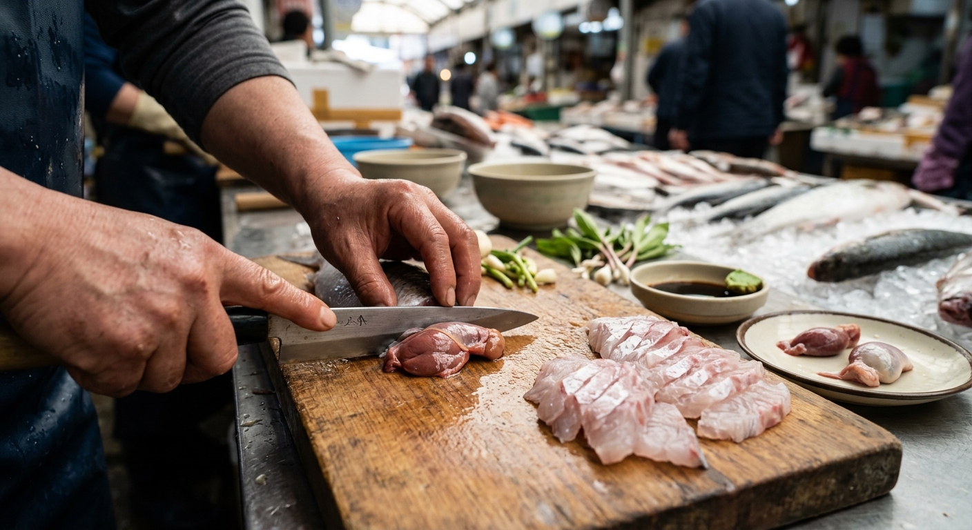 손질한 숭어와 별미 부위인 숭어 밤을 준비한 모습