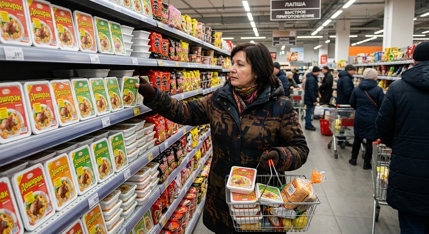 다양한 K-라면 제품이 진열된 마트에서 경쟁 구도를 보여주는 이미지