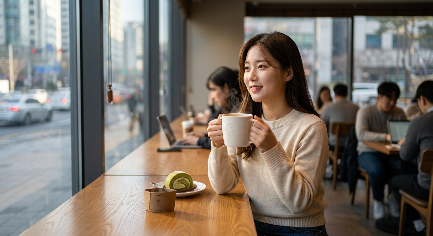 디카페인 원두와 스틱 커피 제품이 카페 테이블 위에 놓인 장면
