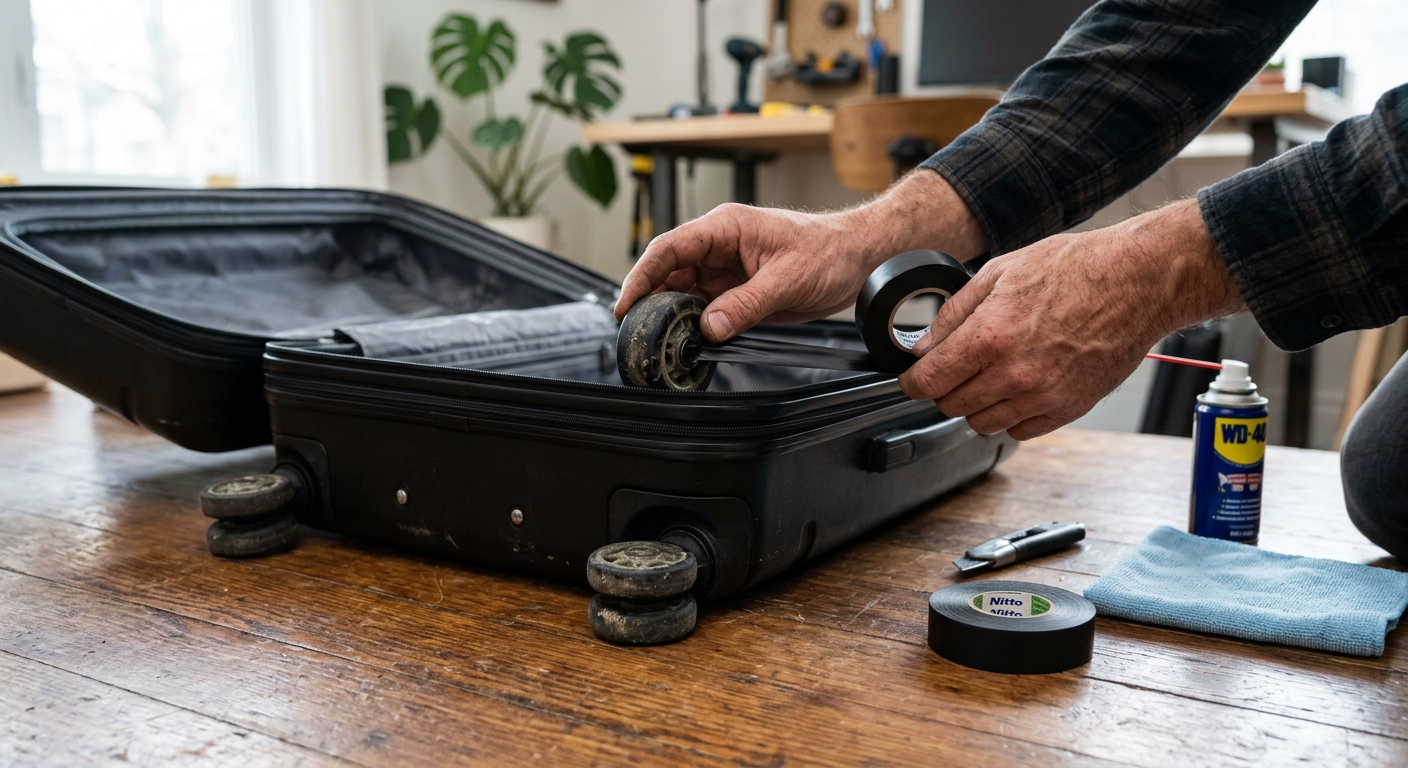 캐리어 바퀴 축 주변을 브러시로 점검하며 관리하는 모습