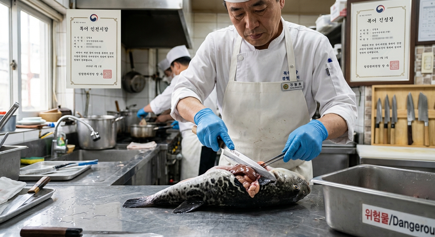 복어 요리와 함께 안전 수칙을 떠올리게 하는 식탁 이미지