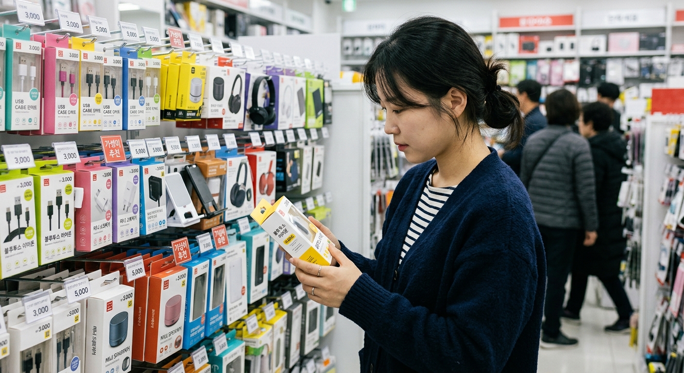 전자기기 구매 체크리스트를 보며 마우스와 키보드를 고르는 장면