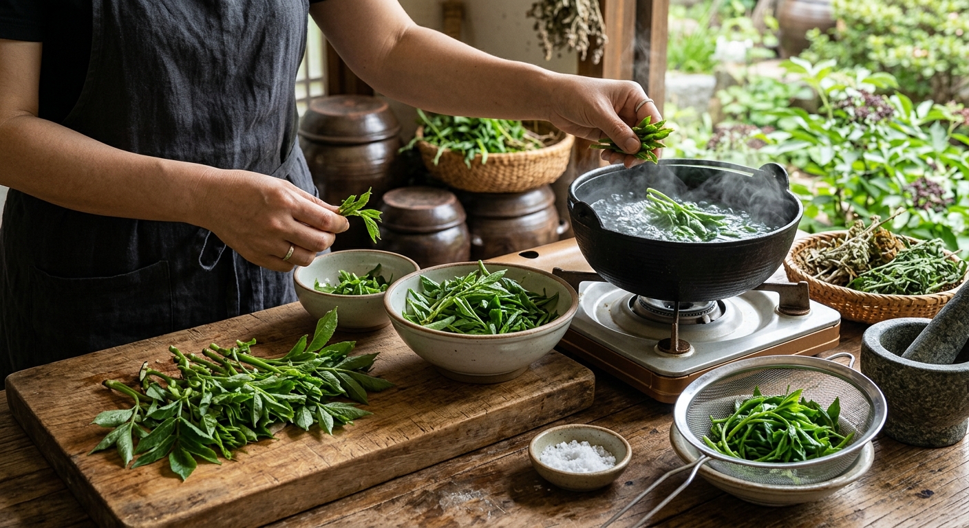 안전한 산나물 섭취를 위해 손질된 딱총나무 새순과 조리 과정을 보여주는 이미지