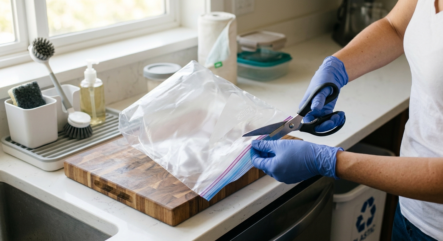 세척한 지퍼백과 식품용 비식품용으로 구분한 재활용 봉투 정리 모습