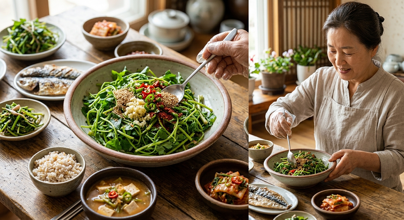 봄나물 무침을 만들기 위해 간단한 양념과 신선한 나물을 준비한 장면