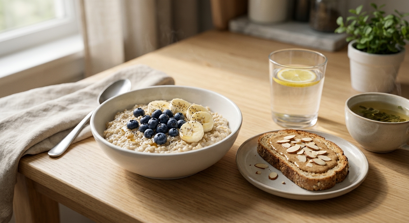 삶은 달걀과 요거트, 오트밀, 통밀 토스트로 구성된 건강 아침 식단 사진