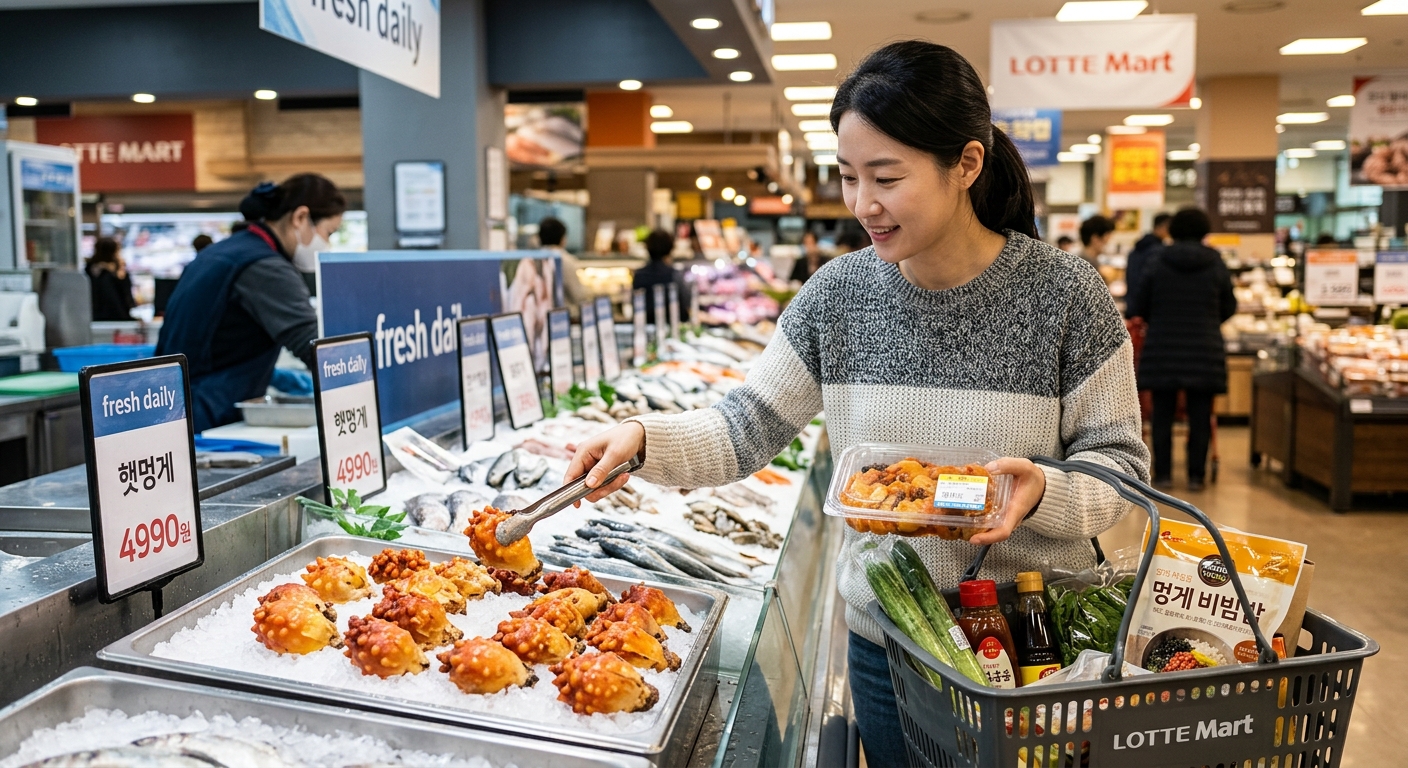멍게와 채소, 양념 재료를 함께 준비한 실용적인 장보기 구성