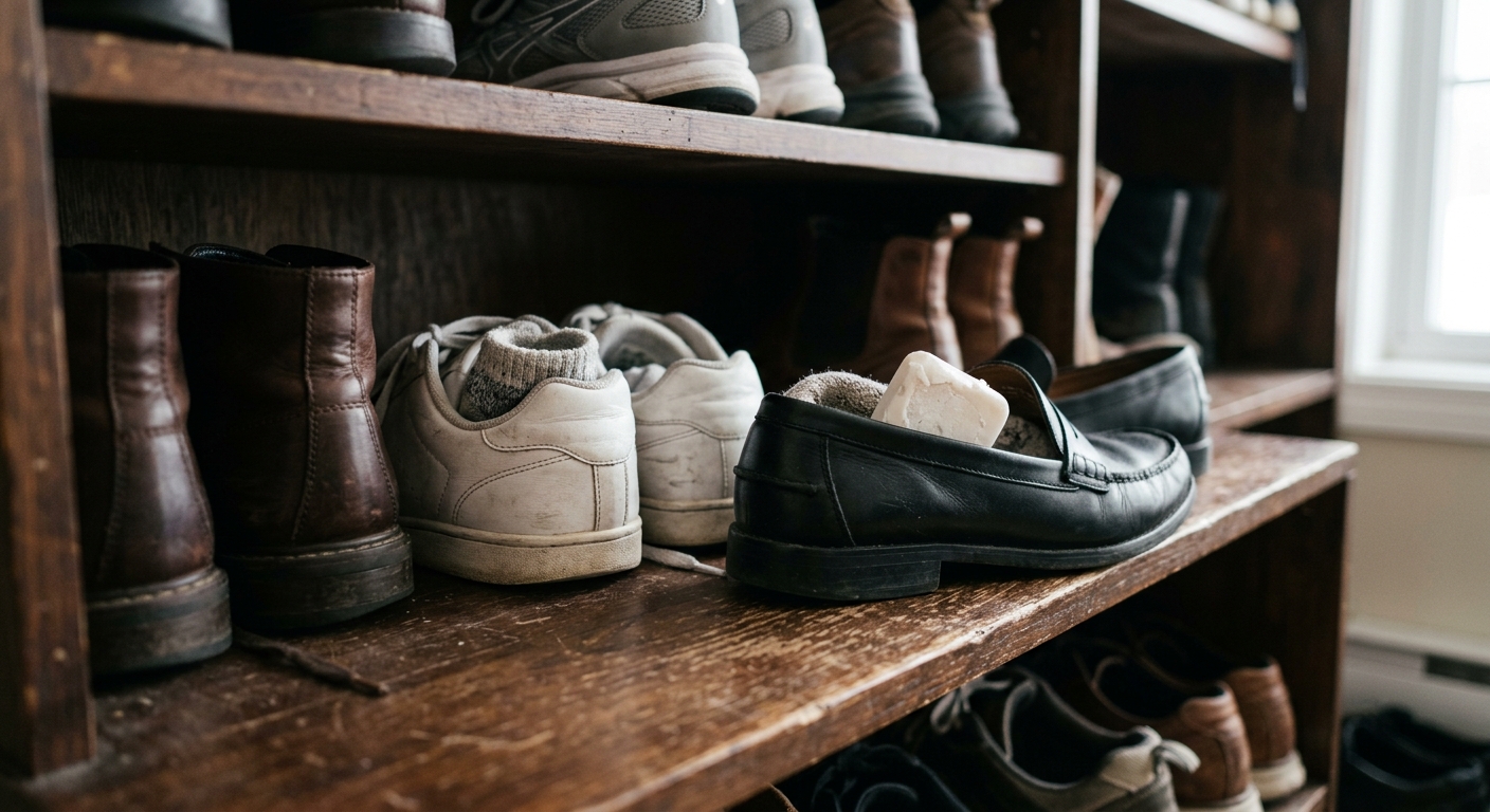 신발장, 옷장, 욕실용으로 비누를 나눠 담아 재활용하는 생활 장면