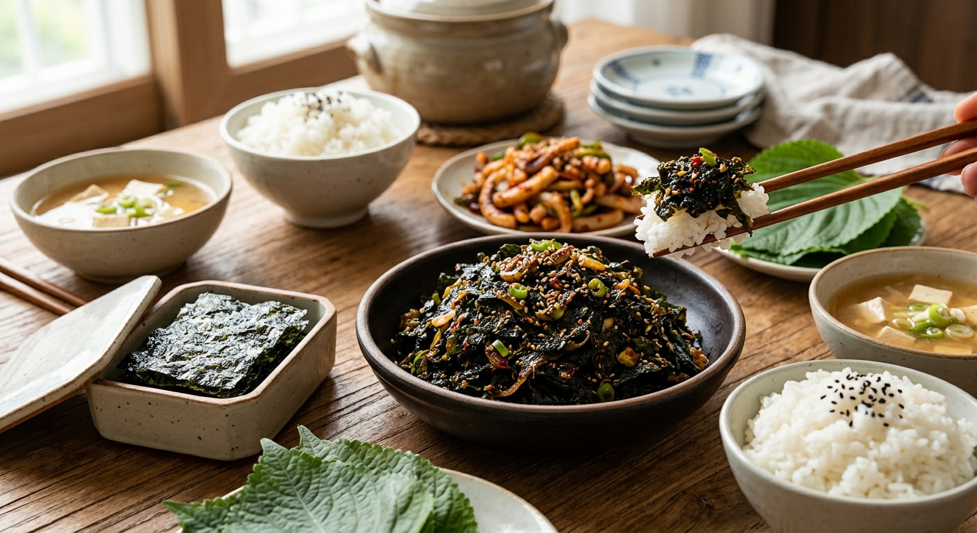김무침을 밥과 두부 반찬, 계란 요리와 함께 차려낸 집밥 한 상