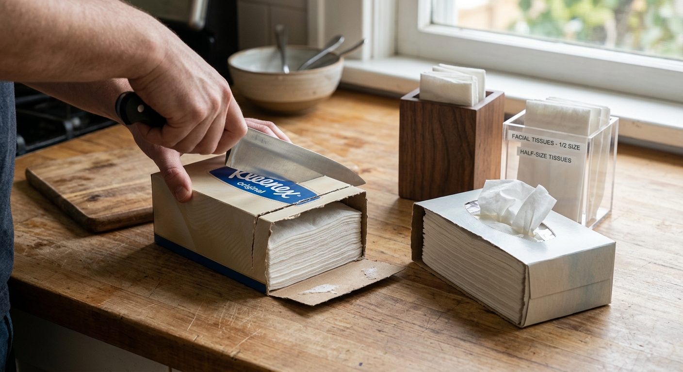 티슈 박스 바닥 양옆을 눌러 남은 티슈를 위로 올리는 모습