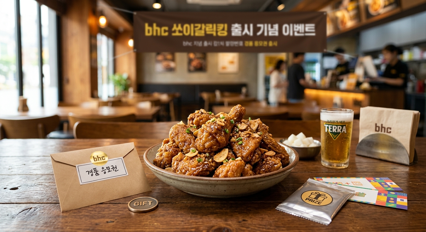 치킨 주문과 함께 경품 응모 혜택을 상징하는 선물 박스와 스마트폰 이미지