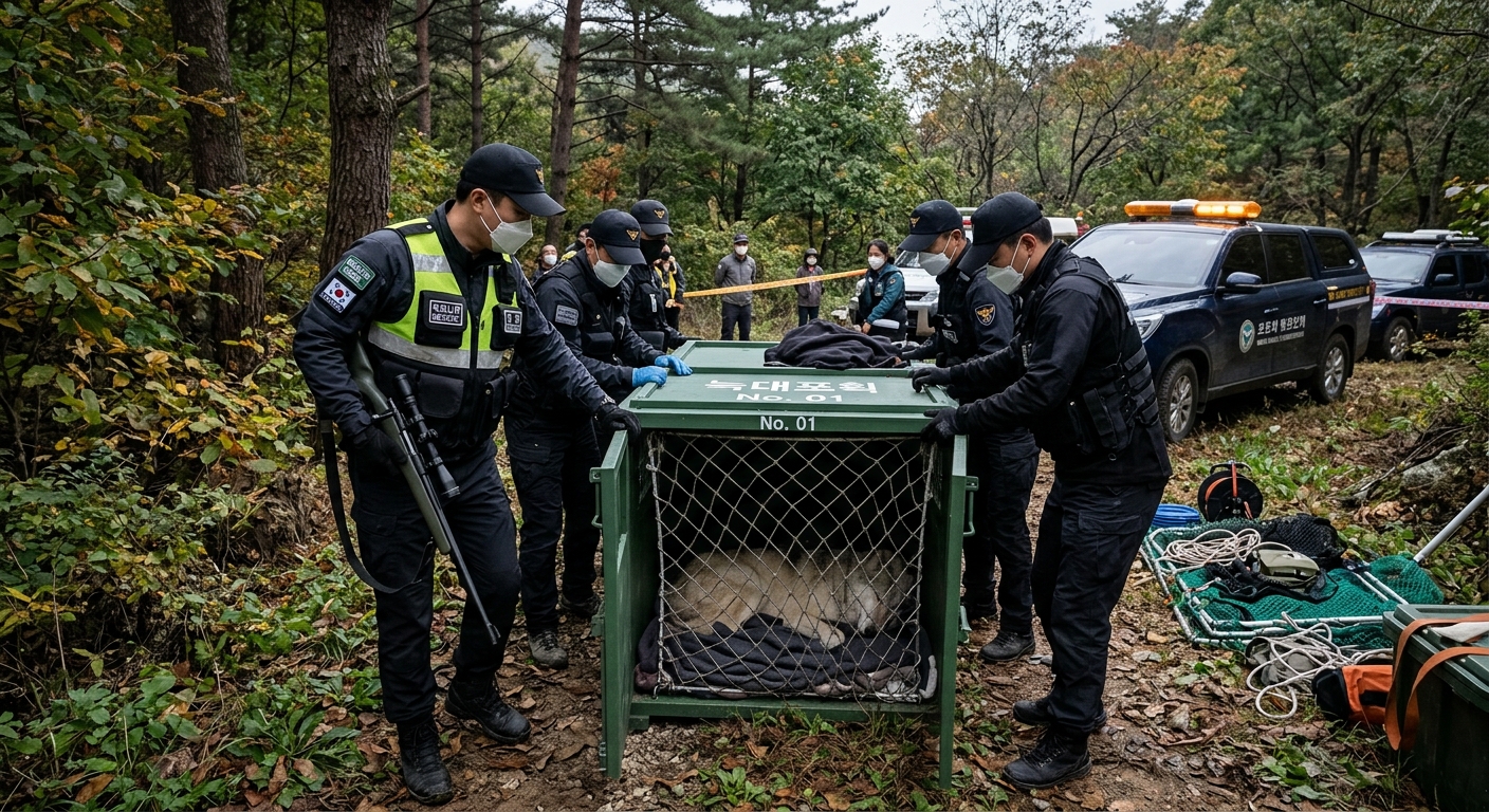 숲길 도로에서 멀리 떨어져 야생동물을 관찰하는 안전한 시민 행동 예시