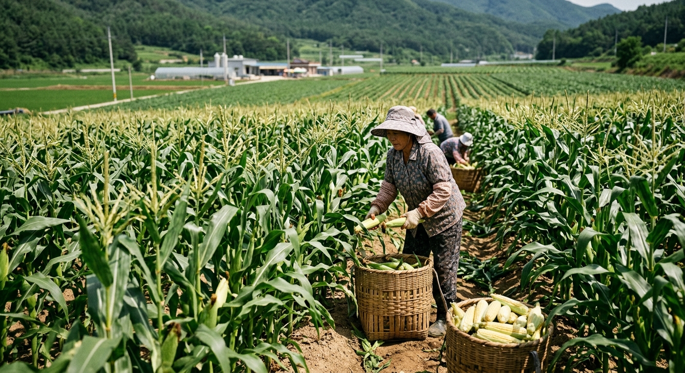 대량 출하를 앞둔 괴산 찰옥수수 상자와 농가 작업 현장
