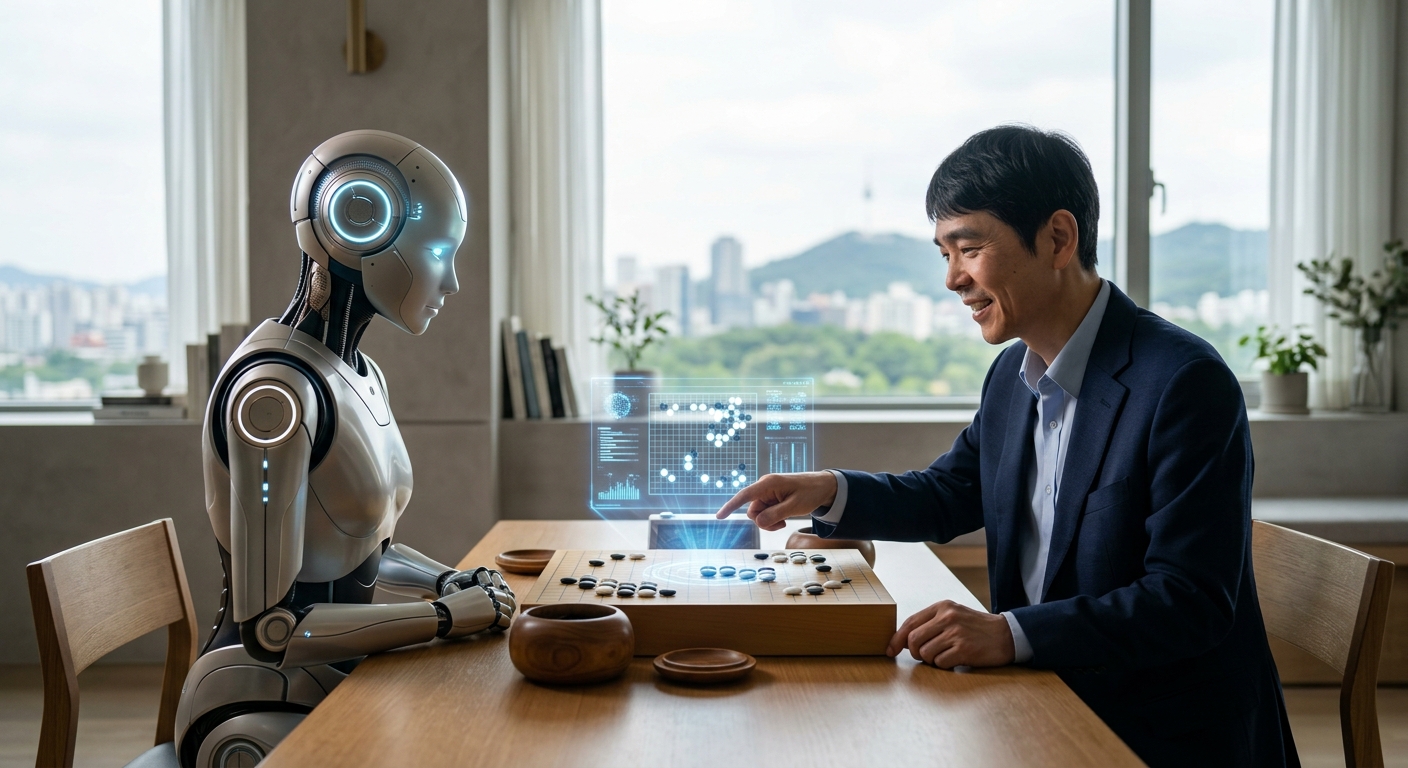 바둑판과 미래형 디지털 화면이 함께 놓인 공간에서 대화와 협력의 분위기를 강조한 이미지