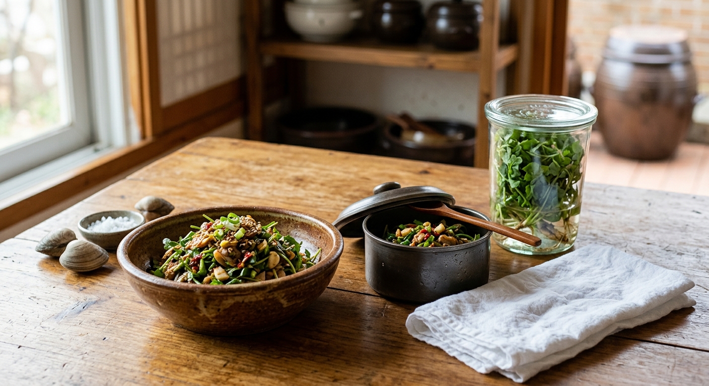 밥 위에 올려 비벼 먹는 냉이바지락무침과 봄철 식탁