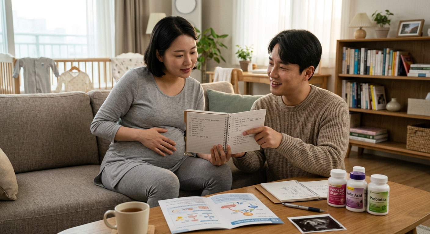 체크리스트를 작성하는 예비 부모와 건강 식단, 산책 준비 장면