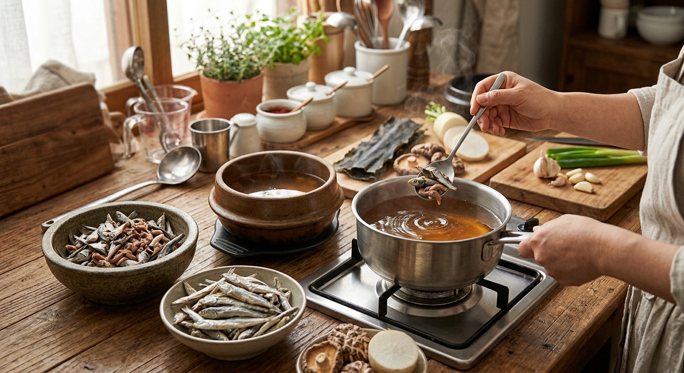 주방에서 멸치 손질 부산물을 따로 모아 활용하는 친환경 조리 장면