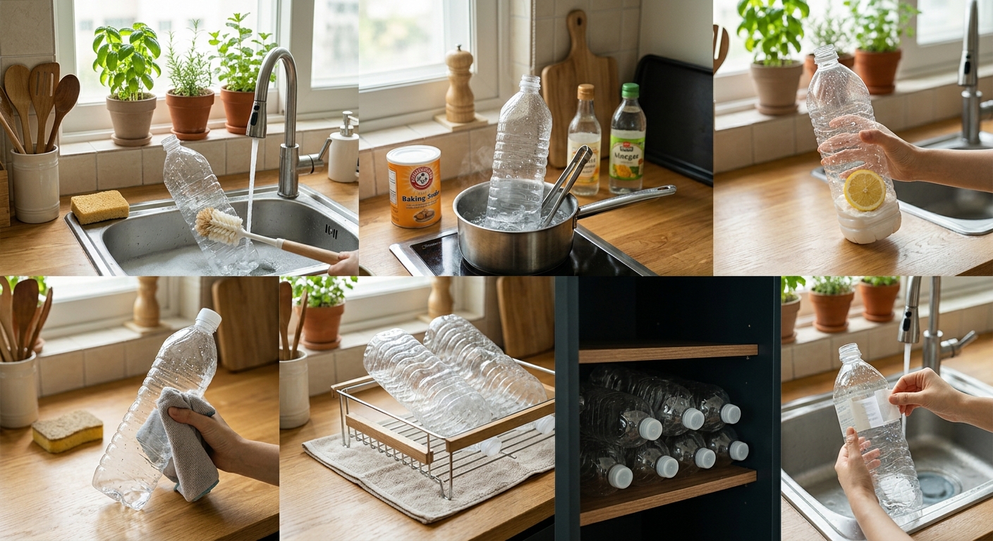 정리된 상태로 보관된 라벨 없는 생수병 재활용 용기들