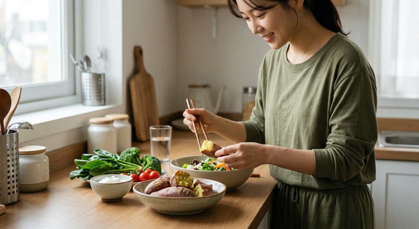 고구마와 닭가슴살, 채소가 균형 있게 담긴 다이어트 식판