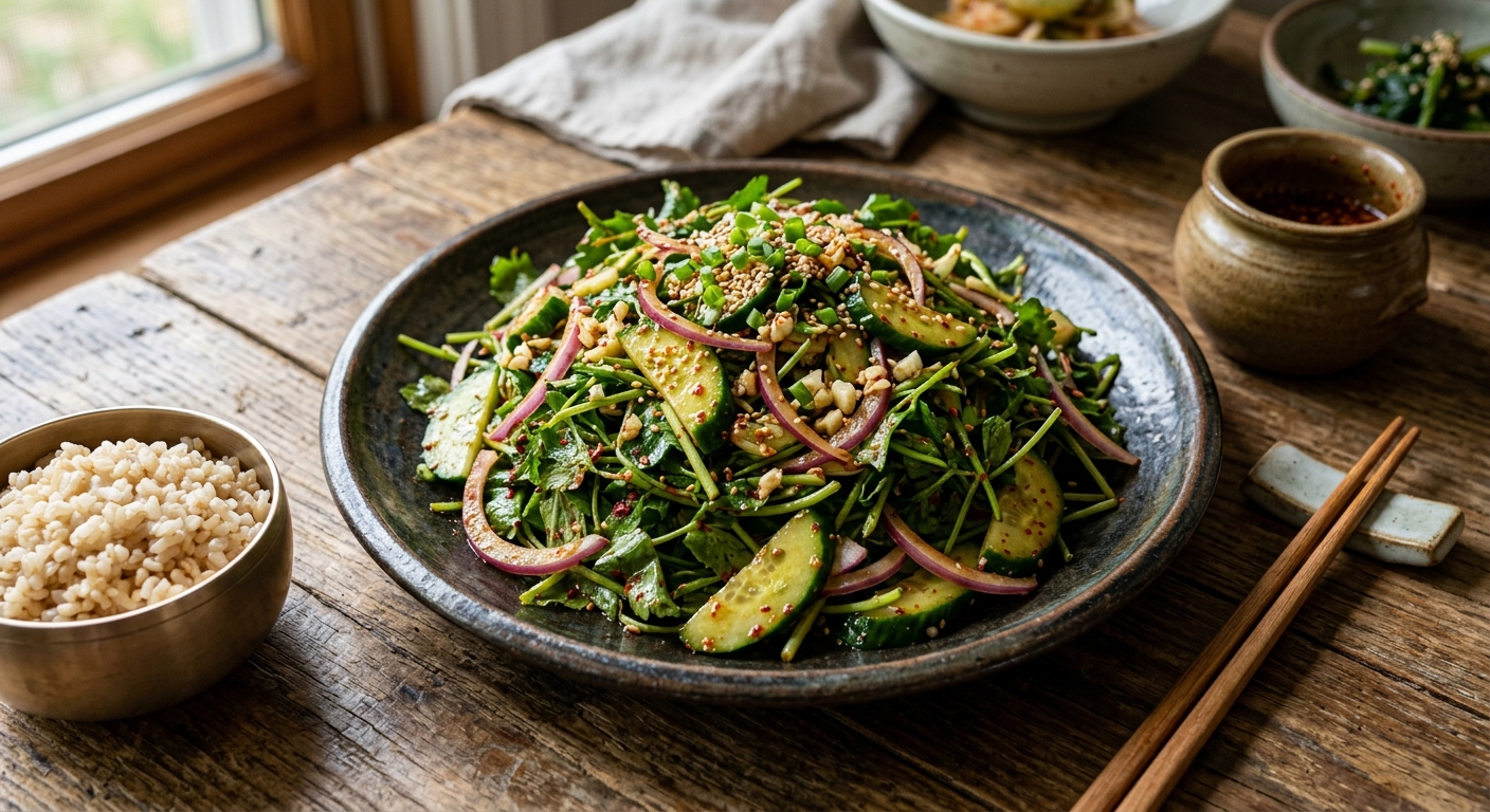 참나물에 양파와 오이를 넣어 무친 봄나물 겉절이 모습