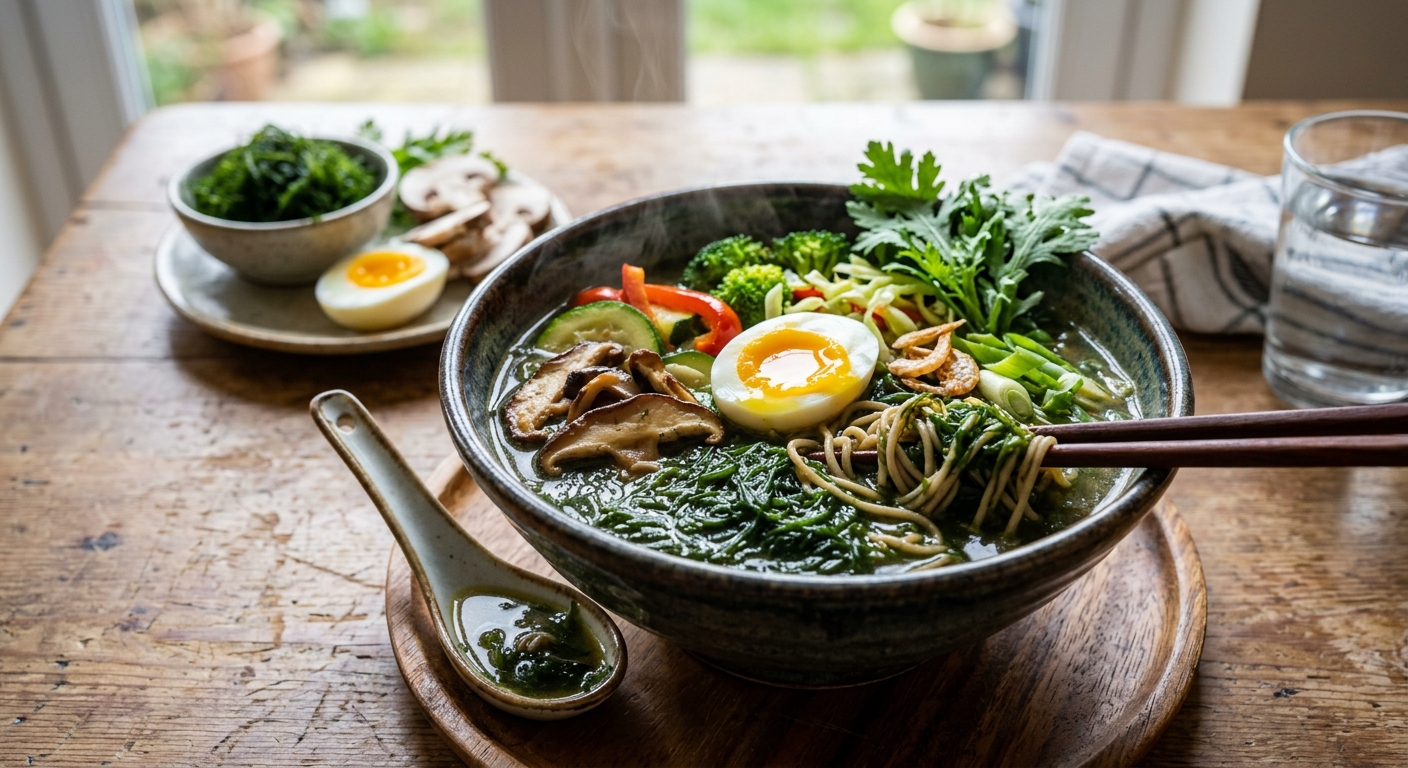 매생이와 채소, 두부를 함께 넣어 건강하게 구성한 라면 한 상