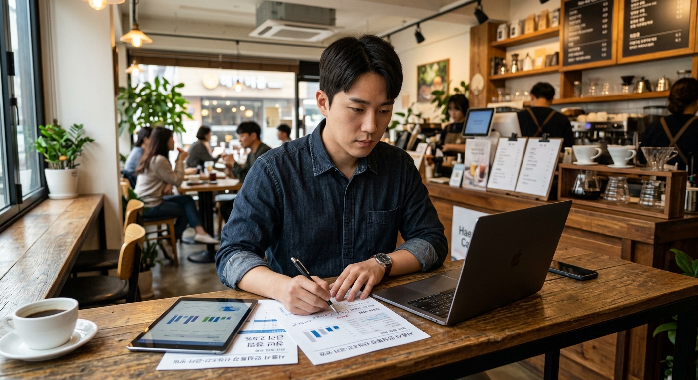 카페나 소형 매장에서 청년 자영업자가 자금 계획표를 작성하는 장면