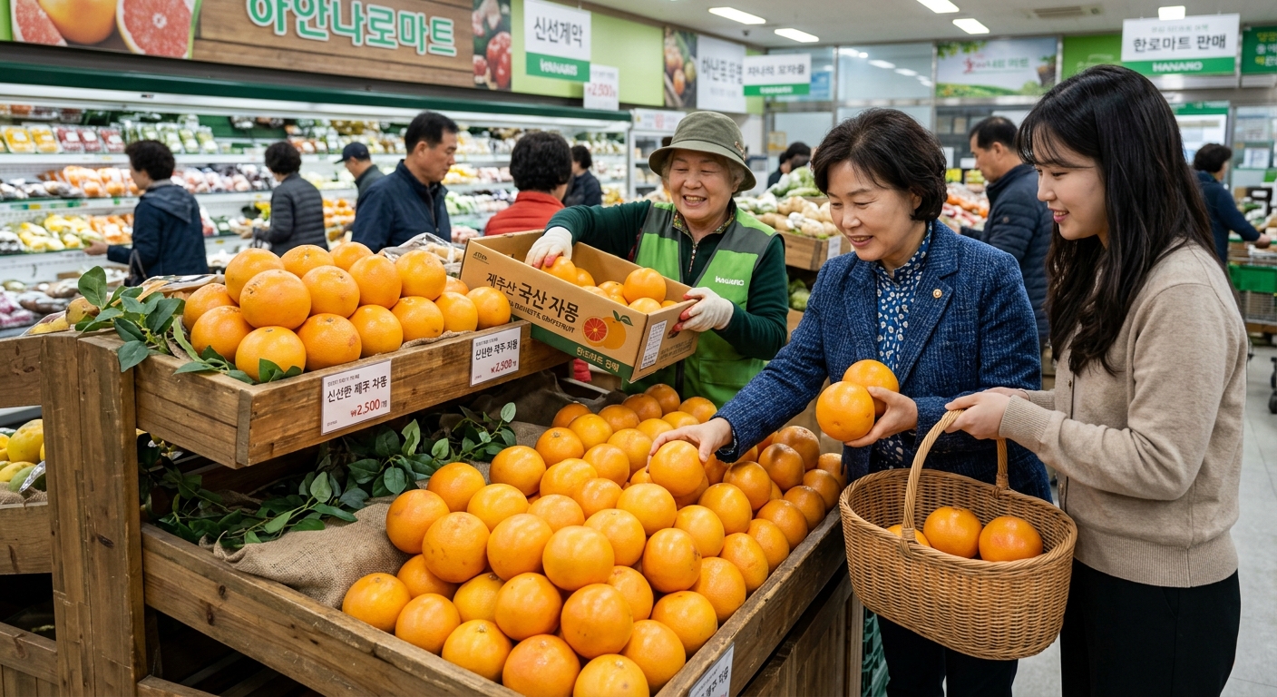 제주 자몽 농가와 유통을 상징하는 과일 상자 및 농장 풍경