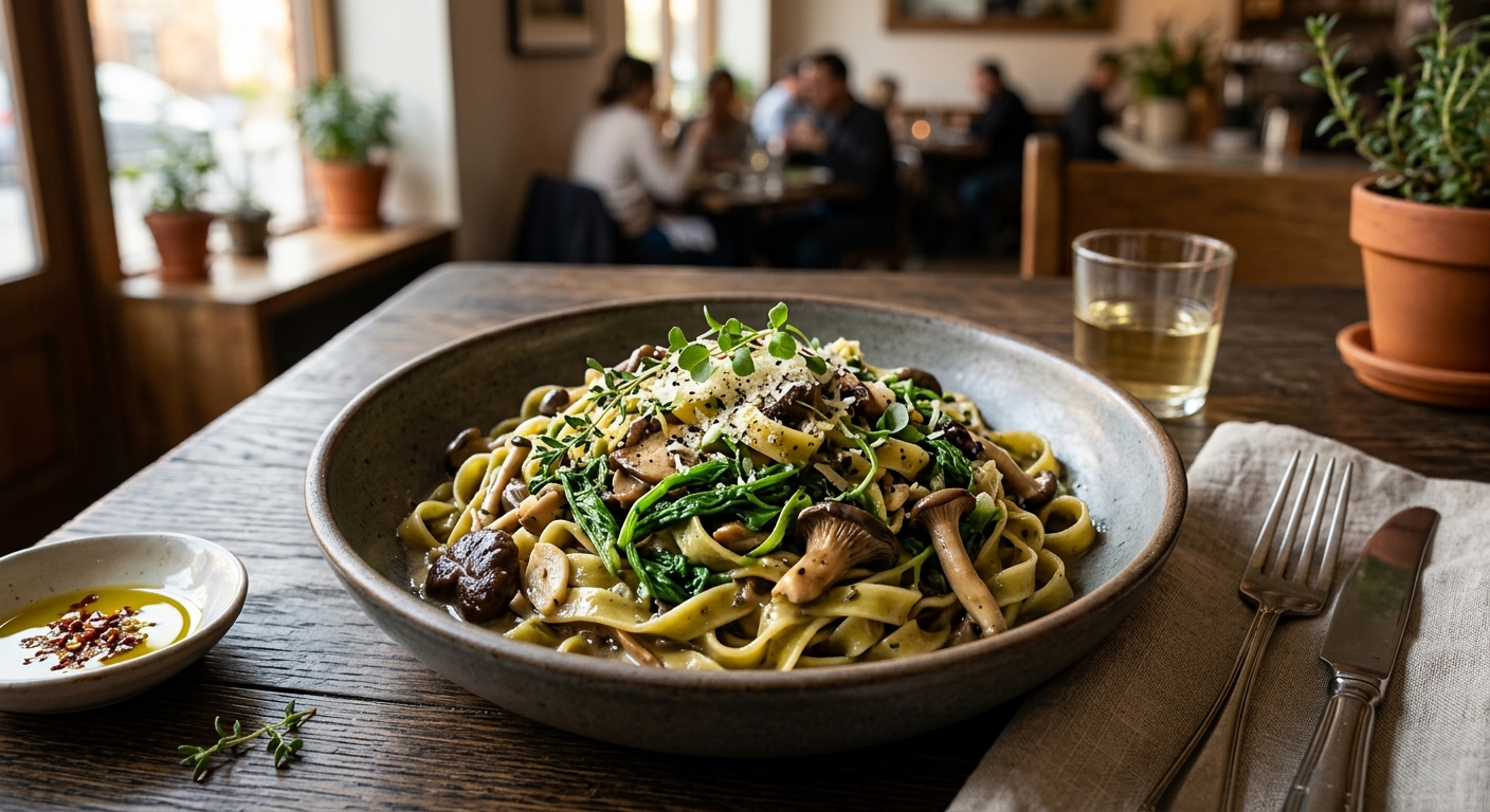 눈개승마와 표고버섯을 활용한 오일 파스타 한 접시