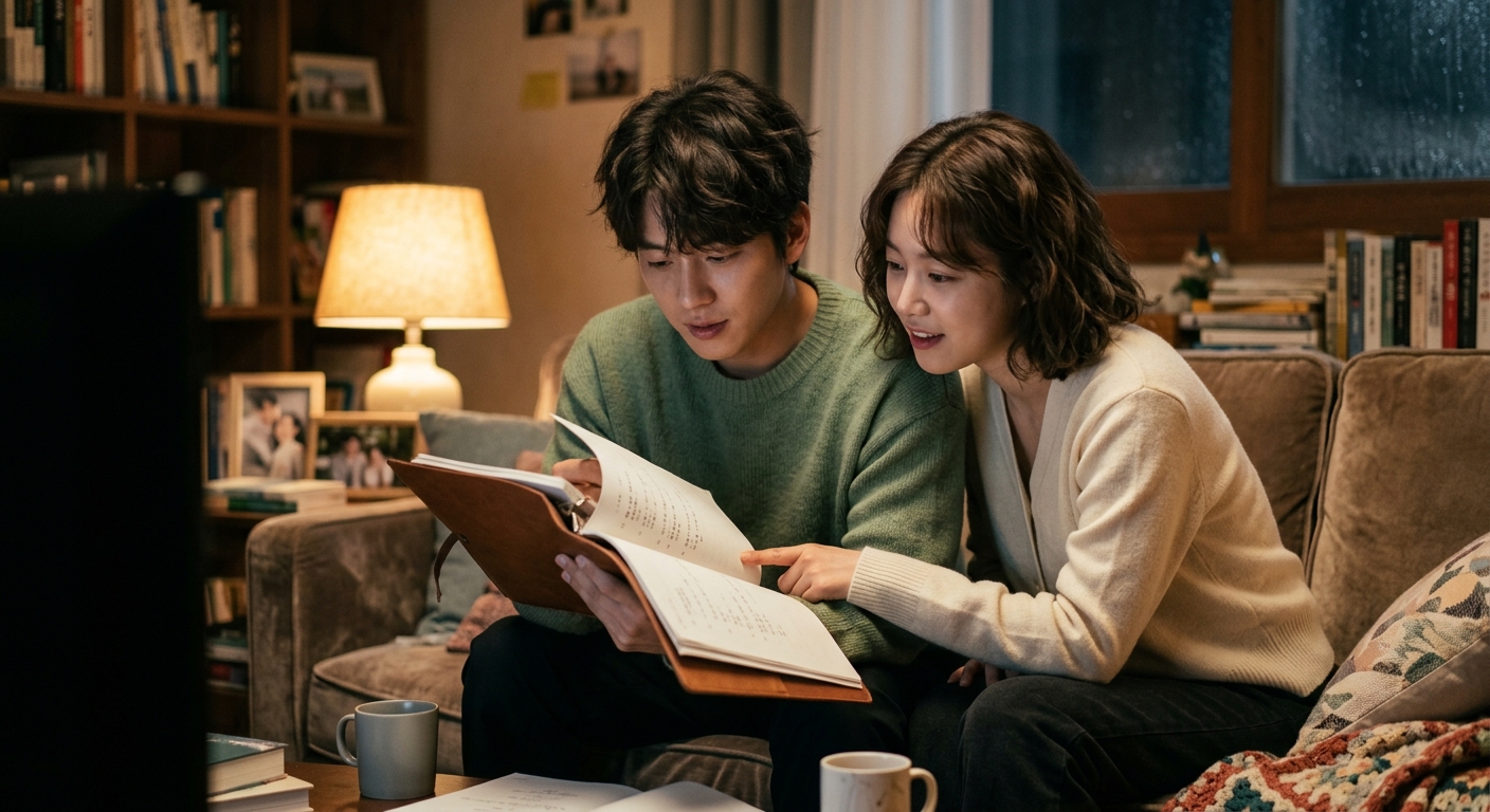 책상 위 소설 원고와 교실 풍경이 함께 놓인 청춘 드라마 콘셉트 이미지