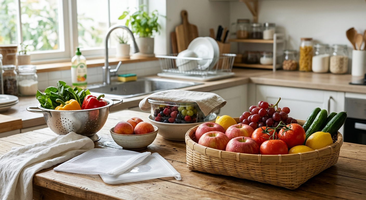세척한 과일과 채소를 키친타월로 물기 제거 후 보관하는 모습