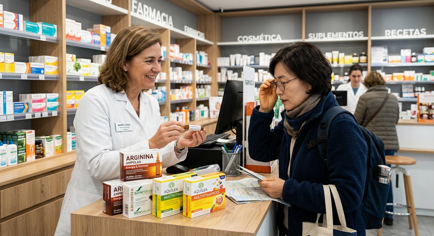 스페인 약국에서 건강 제품을 신중하게 고르는 여행자