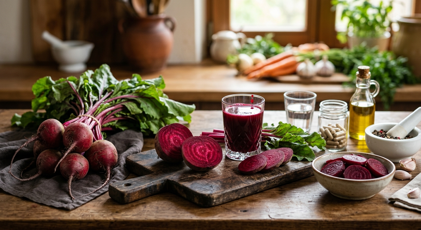 적당량의 비트가 담긴 작은 접시와 식사 준비 장면