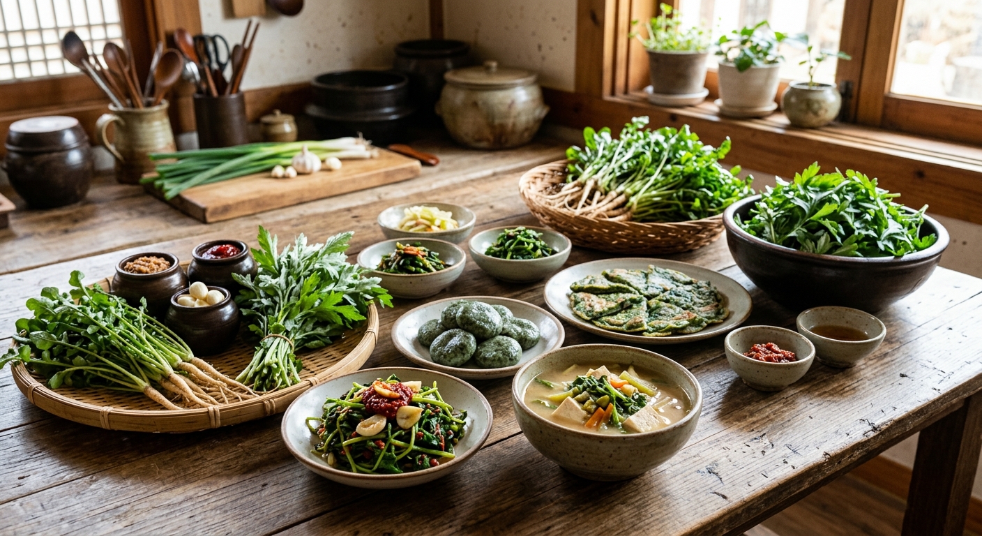 냉이국, 달래장, 방풍나물무침, 쑥국이 차려진 일주일 봄 식단 이미지