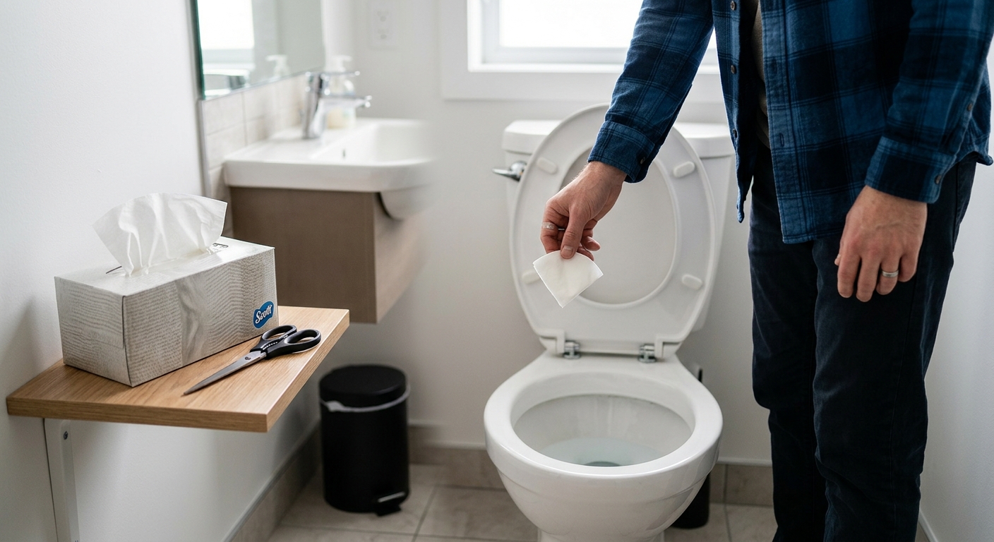 휴지통 옆에 사용한 티슈를 버리는 모습과 변기에는 버리지 말라는 의미의 장면