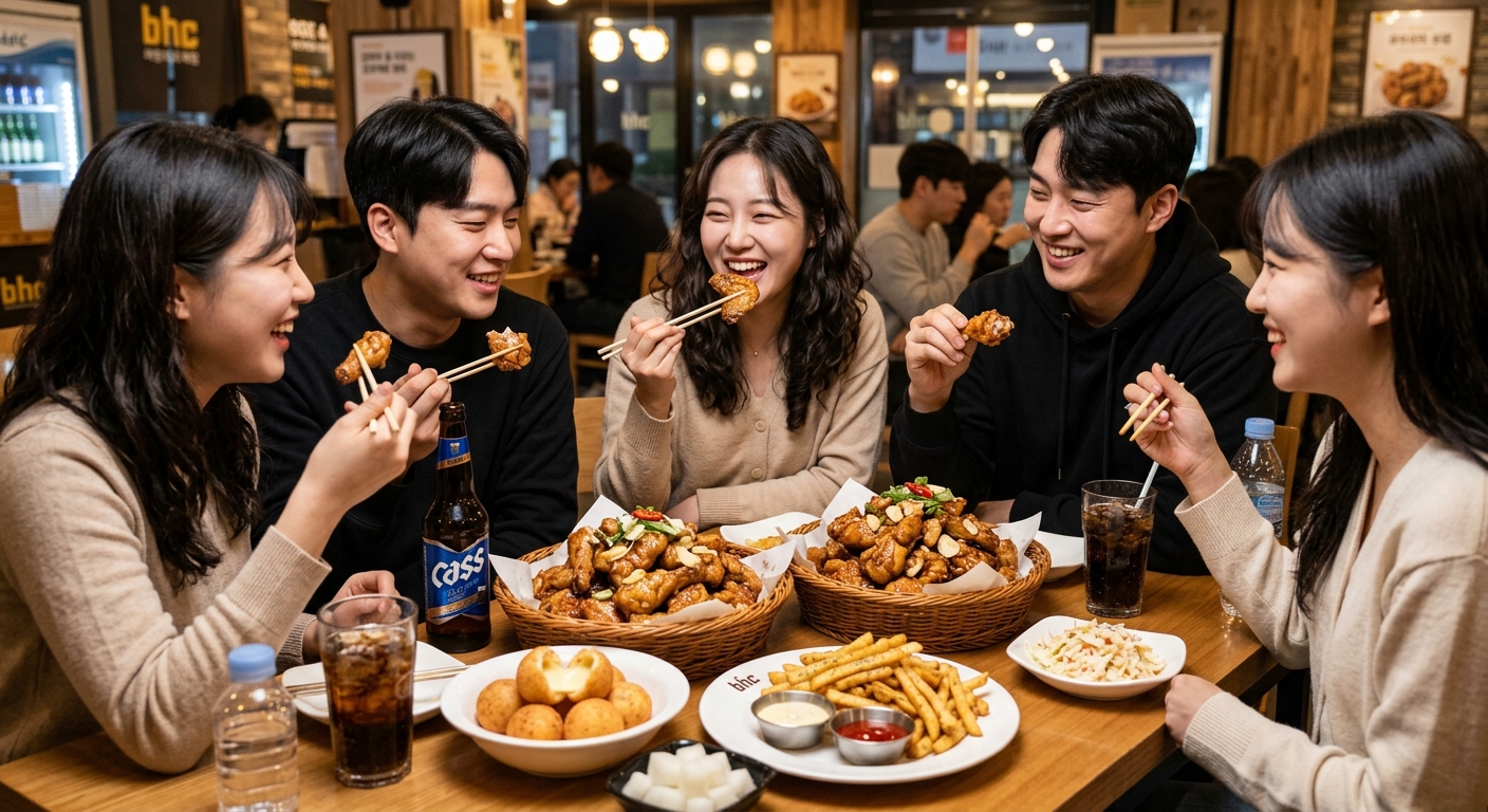 치킨과 감자튀김, 치즈볼, 음료가 함께 차려진 한 상차림 이미지