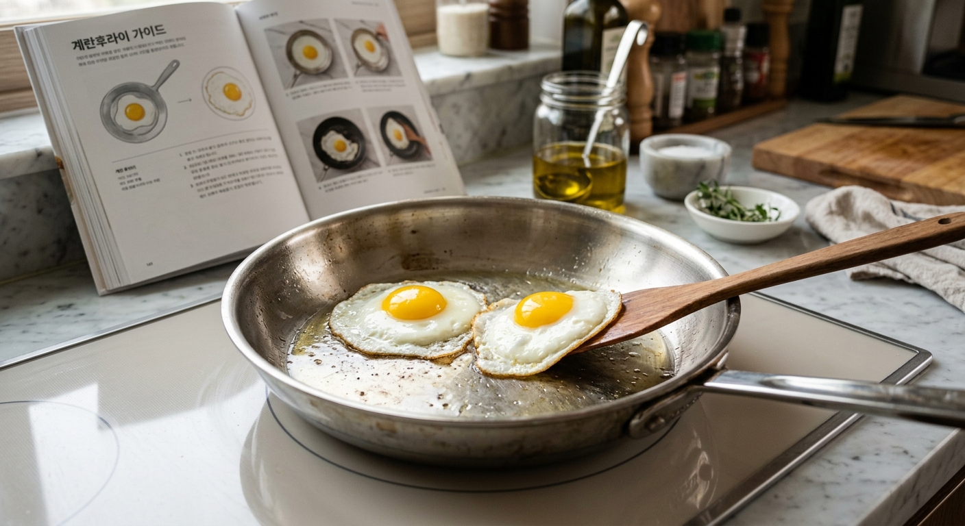 스텐팬 계란후라이 실패 원인을 점검하는 체크리스트와 주방 도구 모습