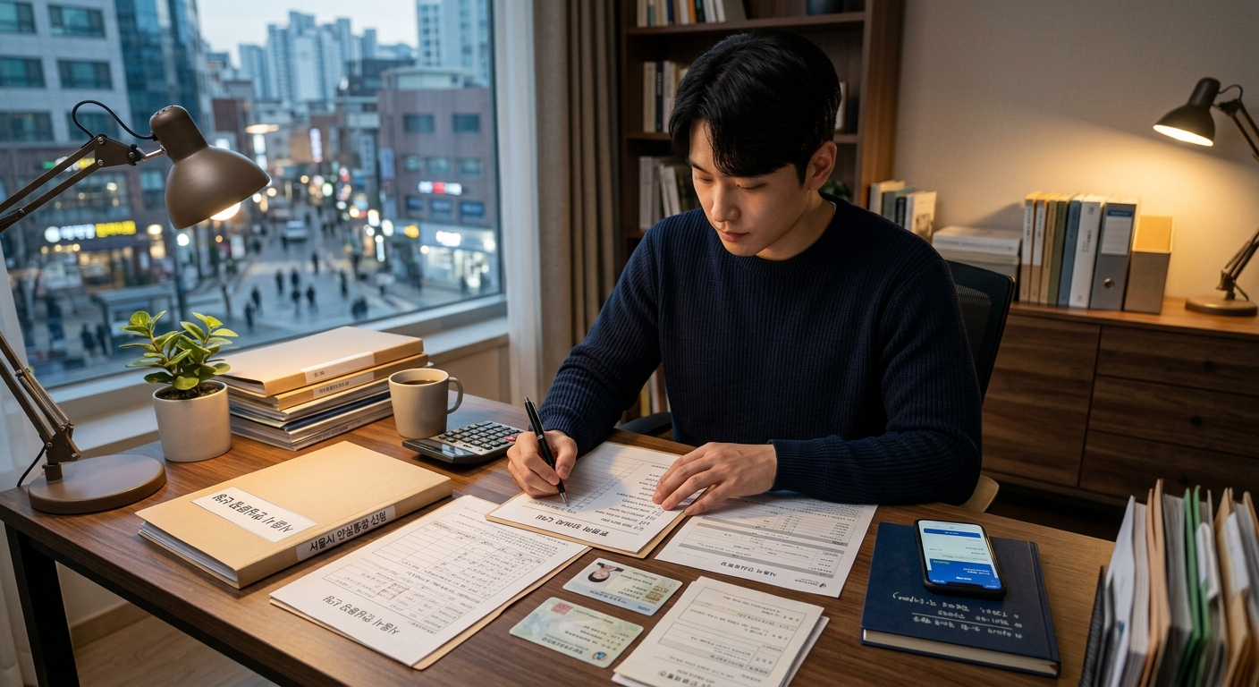 임대차계약서와 스마트폰 일정표를 함께 보며 신청 준비를 하는 자영업자