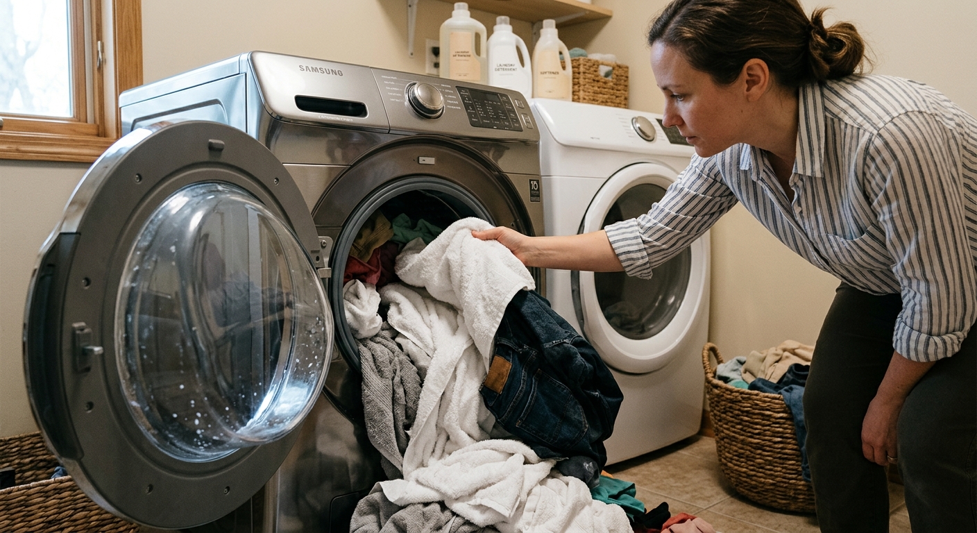 세탁기 앞에서 수건 세탁 실수를 점검하는 생활 장면
