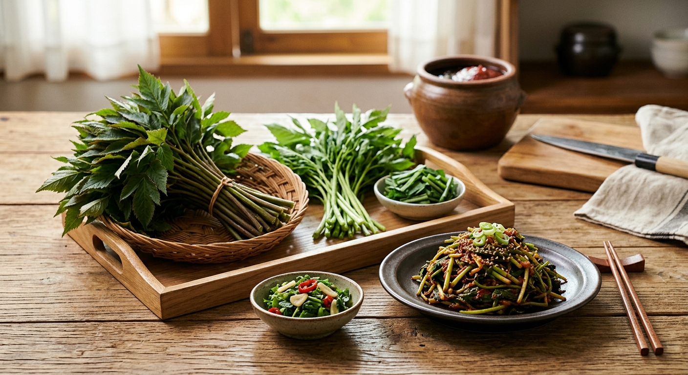 시장에 나온 신선한 눈개승마를 손으로 살펴보는 모습