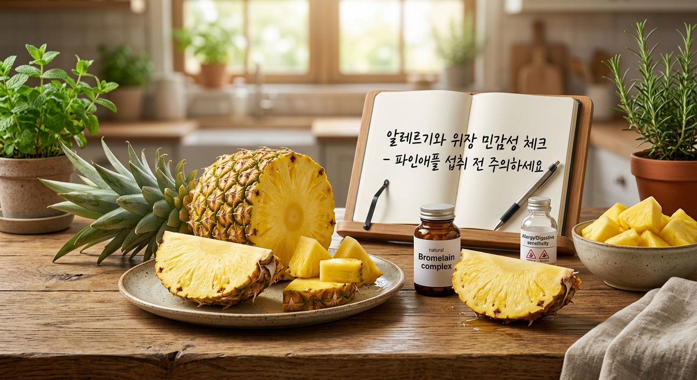 작은 접시에 담긴 파인애플과 물 한 잔이 놓인 차분한 식탁 장면